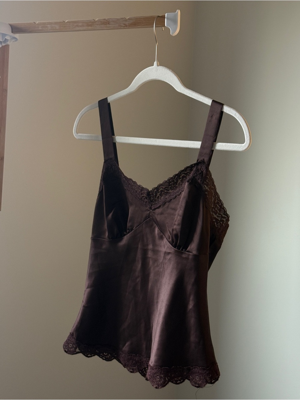 Vintage Silky Lace-Trim Camisole Tank Top - Chocolate Brown